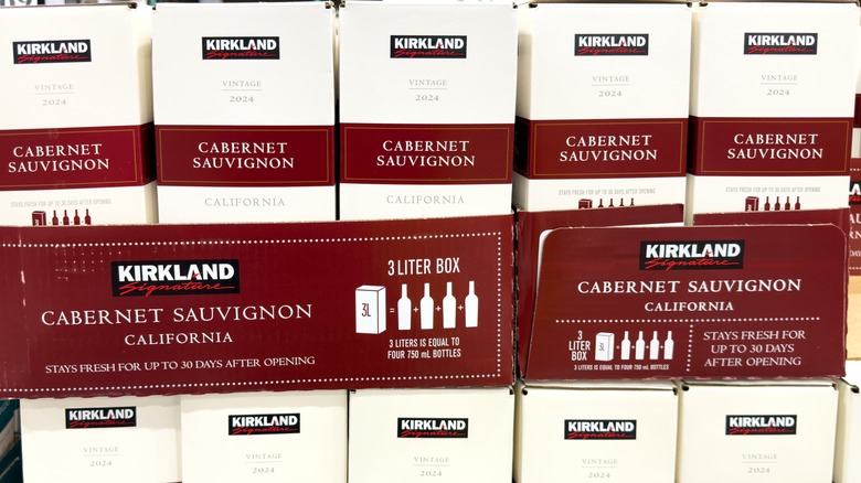 Stacks of Kirkland Signature California Cabernet Sauvignon in 3 liter boxes