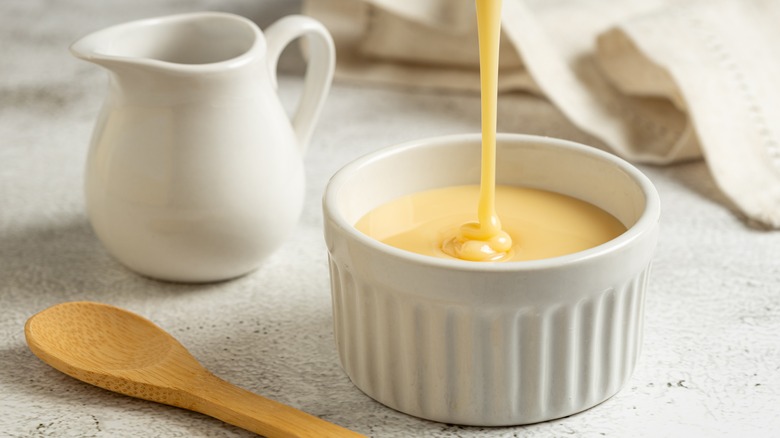 Sweetened condensed milk in a ramekin 