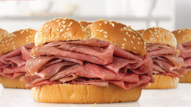 Arby's Roast beef sandwiches pictured in advertisement.