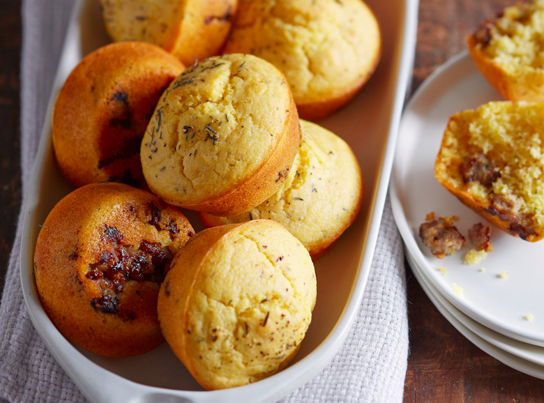 Delicious morsels of country sausage are hiding in these savory corn muffins until brunchtime.
