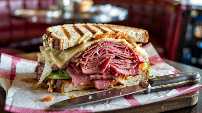 A sliced Rueben sandwich