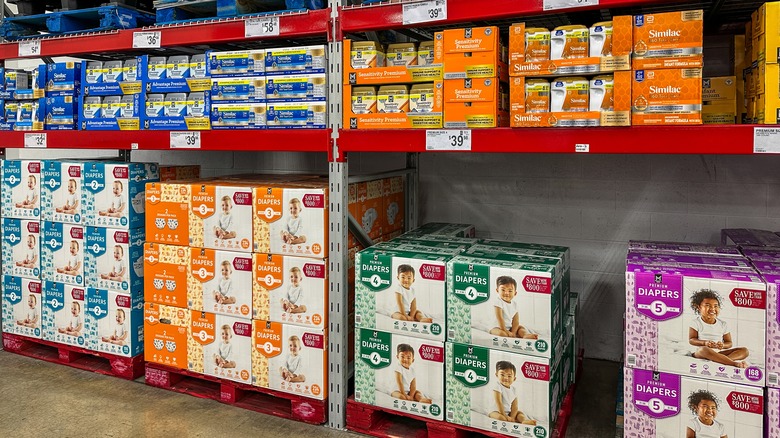 Diapers and formula stocked for sale at a Sam's Club