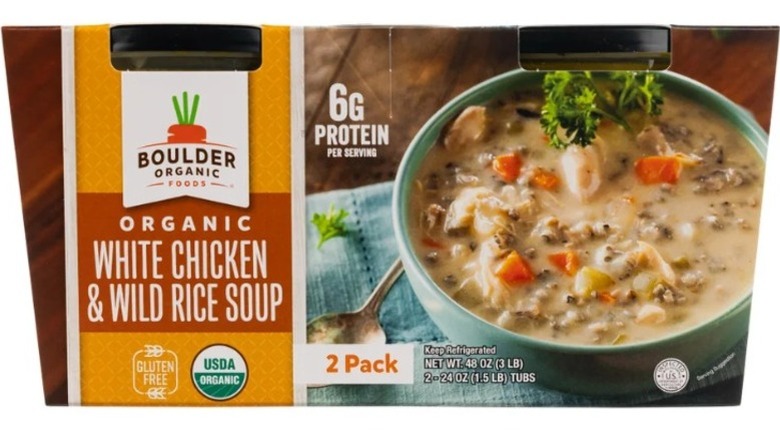 A package of the Boulder Organic Chicken Wild Rice Soup sold at Costco.