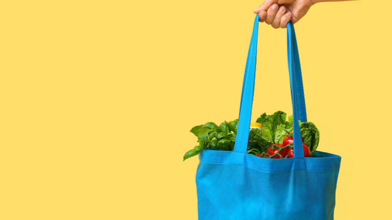 A hand holds an eco-friendly shopping bag against a flesh-tone background.