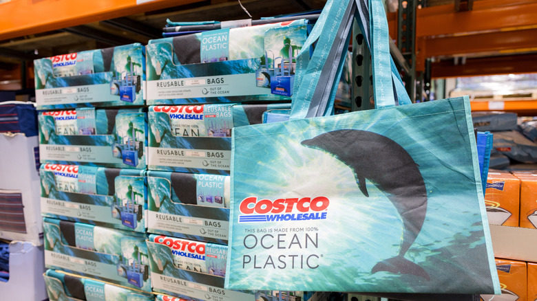 Reusable Costco shopping bags made from ocean plastic.
