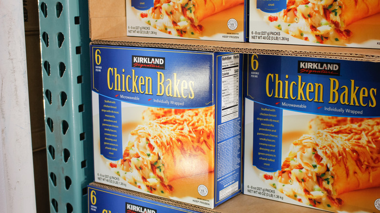 Kirkland Signature Chicken Bakes stocked on shelf.