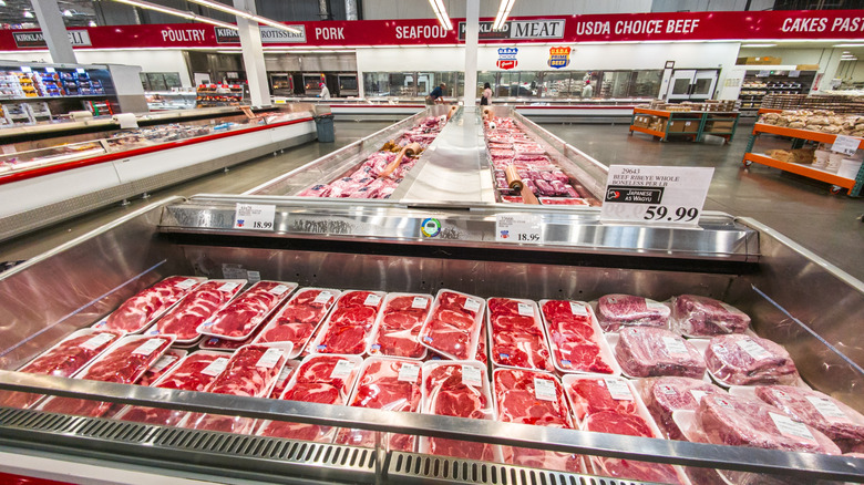 View of Costco meat department with steaks and more
