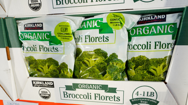 Bags of frozen Kirkland Signature Organic Broccoli Florets