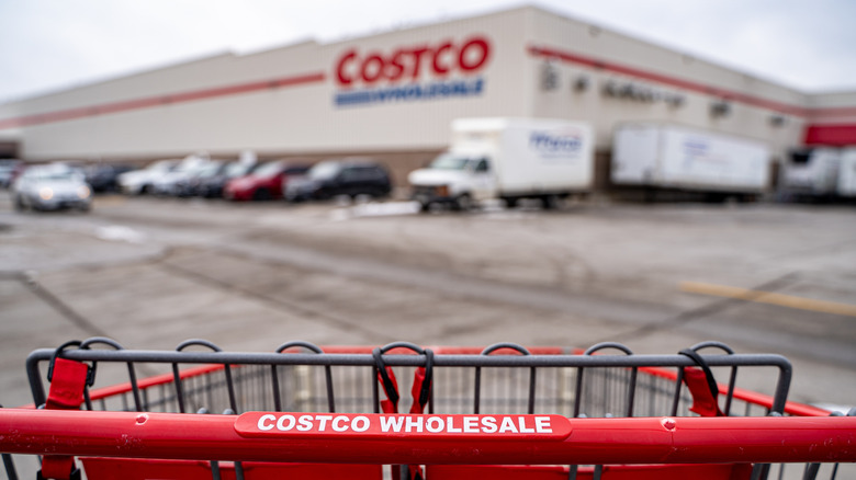 View of the top of a shopping cart in the parking lot outside of a Costco Warehouse