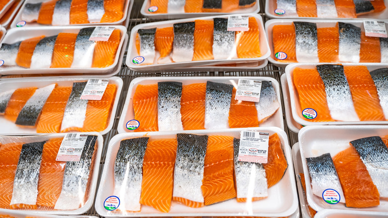 Packages of fresh salmon filets with Kirkland Signature price tags