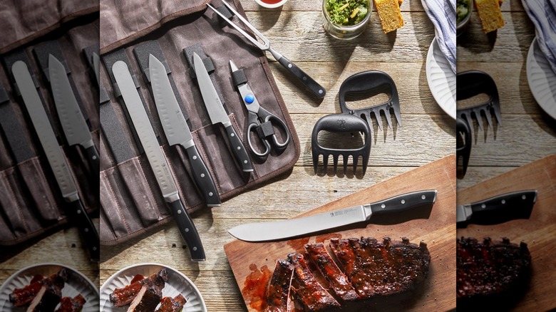 Henckels 9-Piece Outdoor BBQ Set pictured with meat