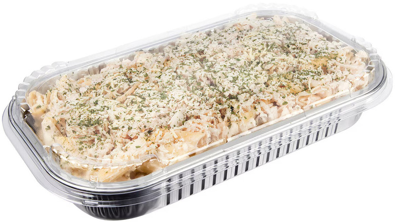 Costco chicken Alfredo with penne pasta in packaging
