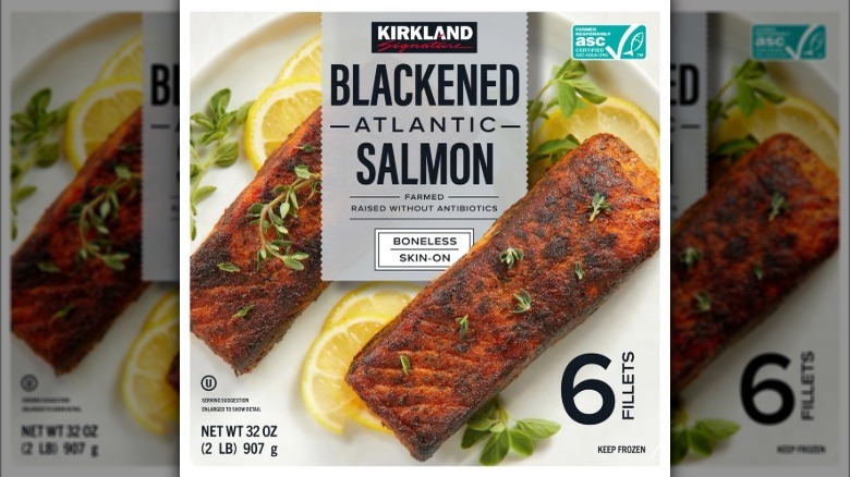 A package of Kirkland Signature Atlantic Blackened Salmon.