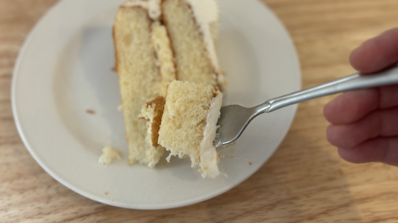 A bite of cake on a fork