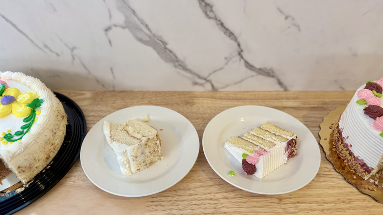 Slices of cake taken out of both cakes