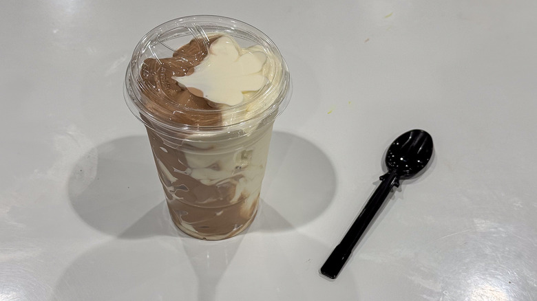 Costco swirl ice cream cup with a spoon