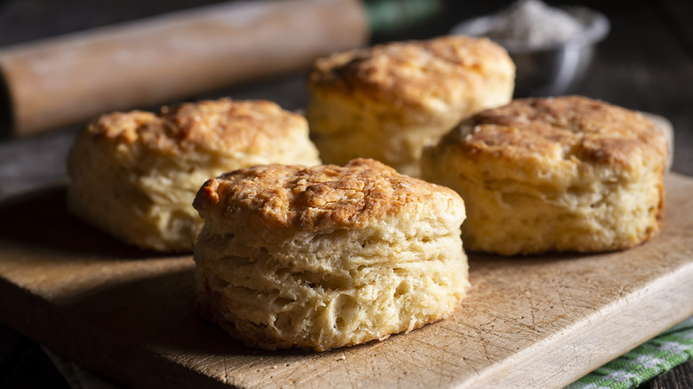 Sourdough biscuits on a wooden slab