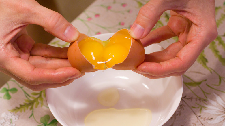 A pair of hands holds open a cracked egg shell over a white bowl, revealing two yolks inside