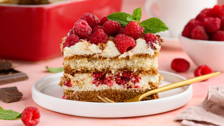 Slice of raspberry tiramisu with fresh berries on top