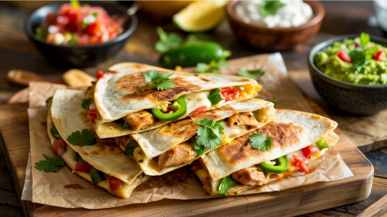 Grilled chicken quesadilla with fresh condiments, cilantro, and jalapeños