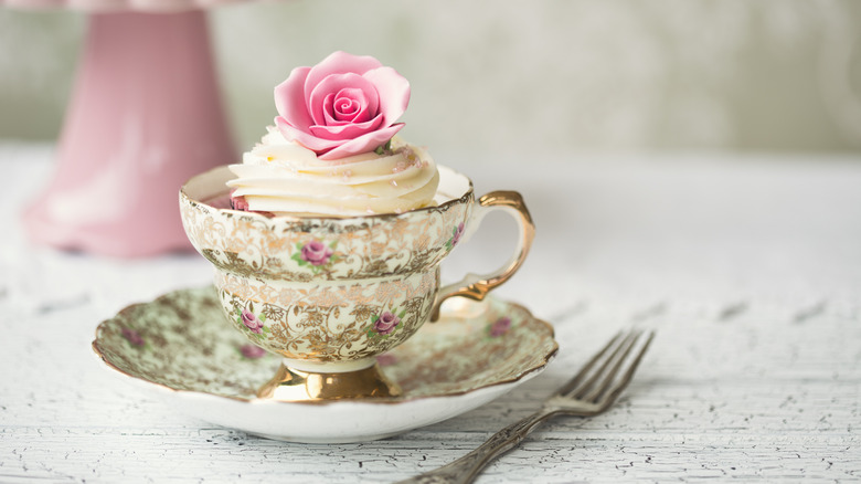 Rose cupcake in a vintage teacup