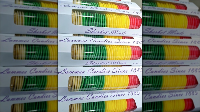 Lammes Sherbet Mints in boxes stacked on each other.