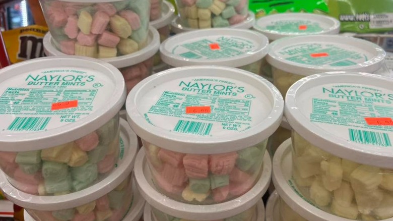 Plastic tubs of Naylor's Butter Mints.