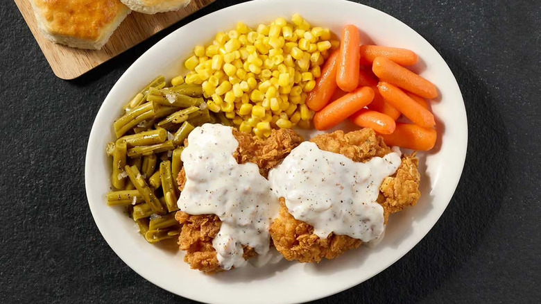 Cracker Barrel's Chicken Fried Chicken with macaroni and cheese and fried okra