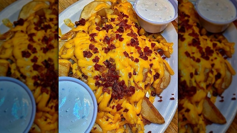 A plate of loaded Texas Roadhouse cheese fries with bacon