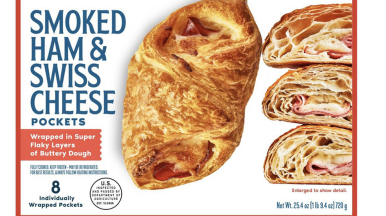 A Smoke ham and cheese pocket next to a cross section of three, in a white background.