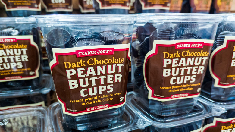 Containers of Trader Joe's Dark Chocolate Peanut Butter Cups