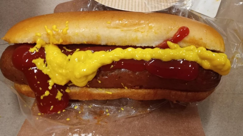 a hot dog with condiments on a wrapper