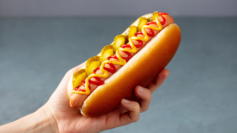 A person holds a hot dog with ketchup, mustard, and pickles up against a gray background