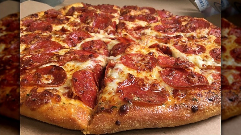 Closeup of a pepperoni pizza at Domino's