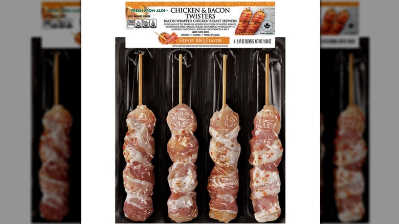 Package of Aldi's chicken and bacon twister skewers