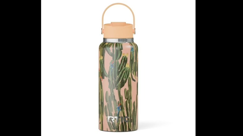 Pink water bottle with cactus print