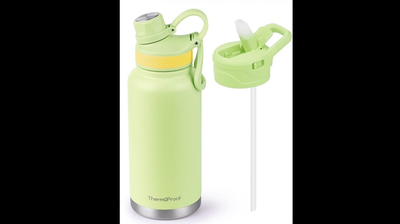 A pale green reusable water bottle