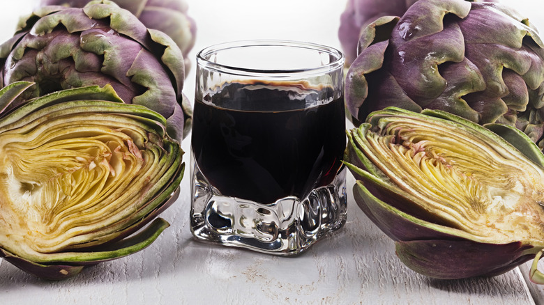 glass of Cynar with artichokes