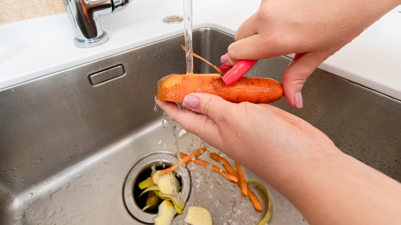 A person peels carrots and potatoes into a garbage disposal