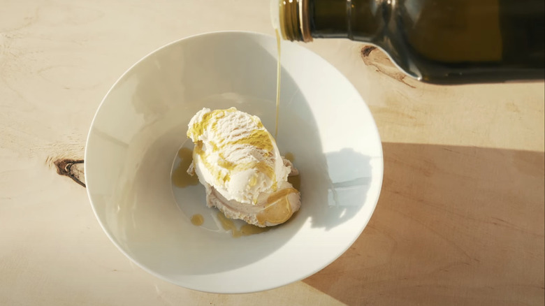 Olive oil over vanilla ice cream