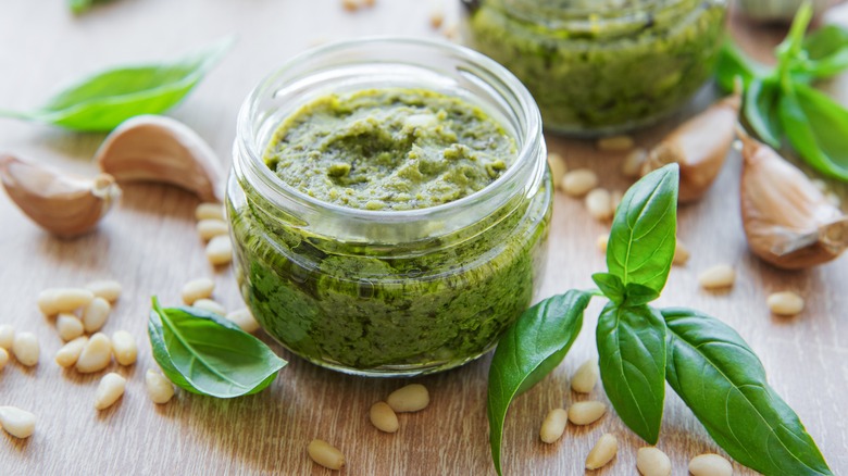 Jar of fresh basil pesto