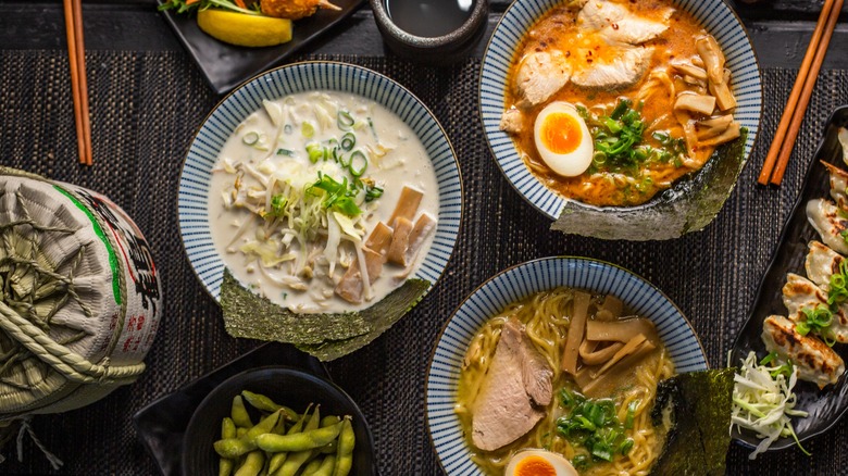 Bowls of ramen and edamame