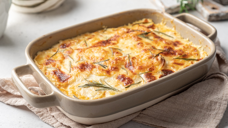 Casserole dish of scalloped potatoes