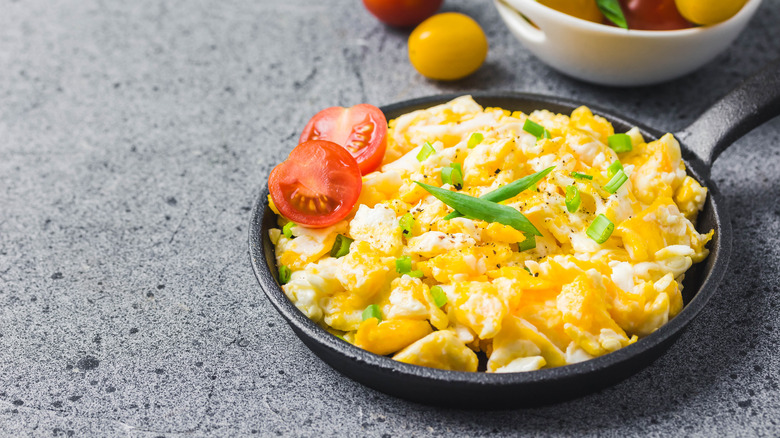 Skillet of scrambled eggs