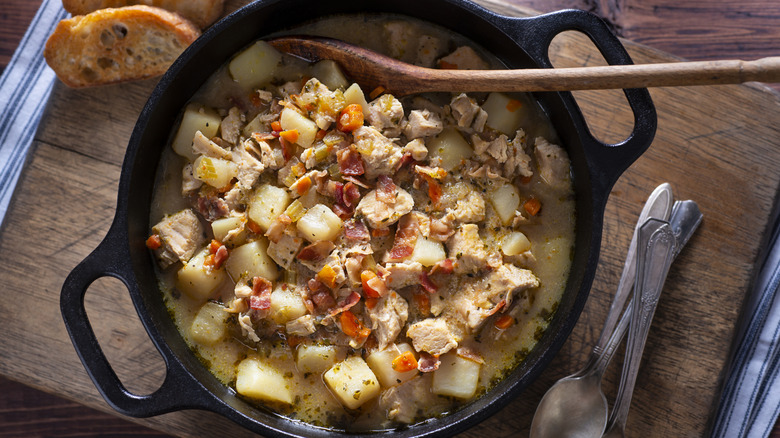 A potato soup with many ingredients.