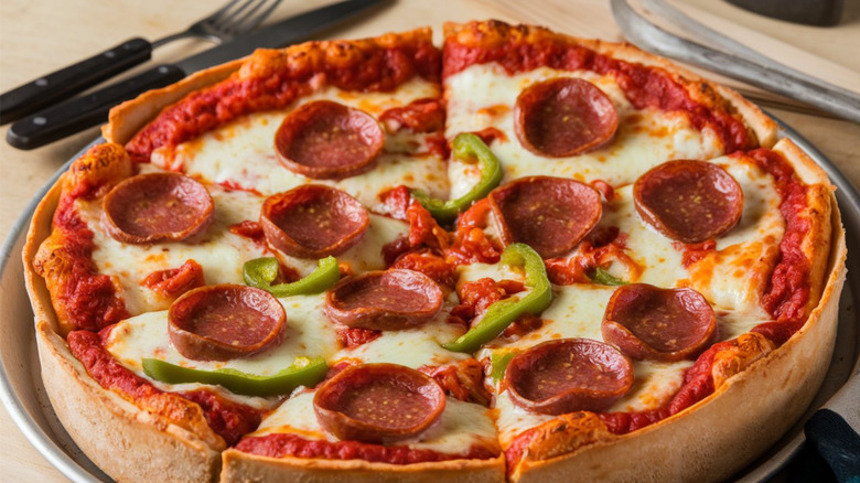 Chicago deep dish pizza topped with pepperoni