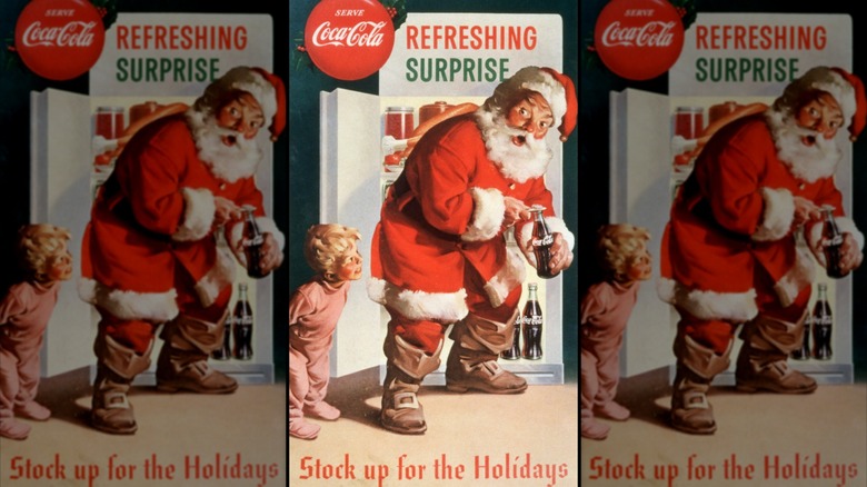 A classic Coca-Cola advertisement illustrated by Haddon Sundblom shows Santa raiding a refrigerator while a pajama-clad child watches