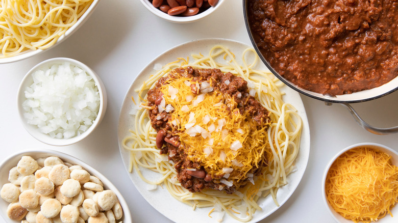 Cincinnati-style chili on spaghetti with cheese and onions