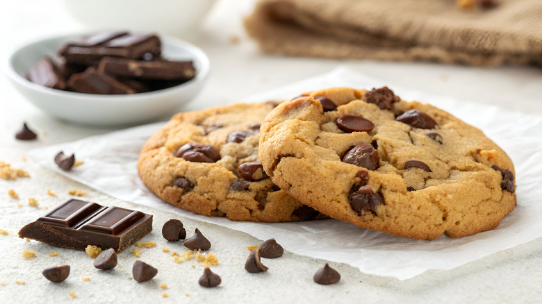 Two chocolate chip cookies, with scattered chocolate chips, and broken chocolate bar pieces in a small bowl