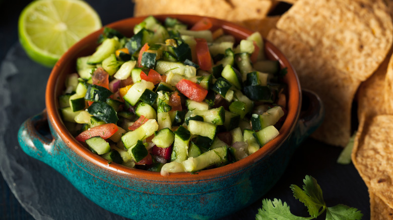 Bowl of cucumber pico de gallo.